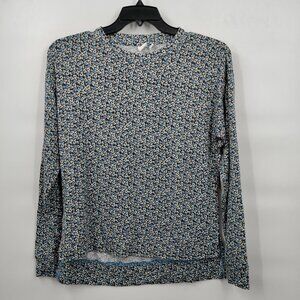BP Women Blue Floral Crewneck Long Sleeve Oversized Knit Hi-Low Hem Top Size XS
